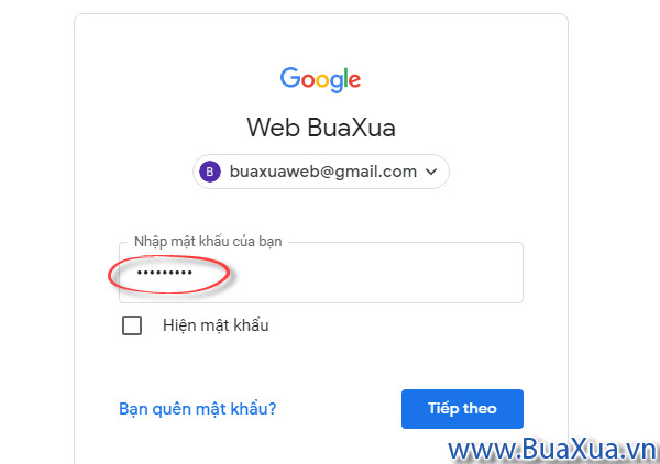 Nhập mật khẩu của tài khoản Google