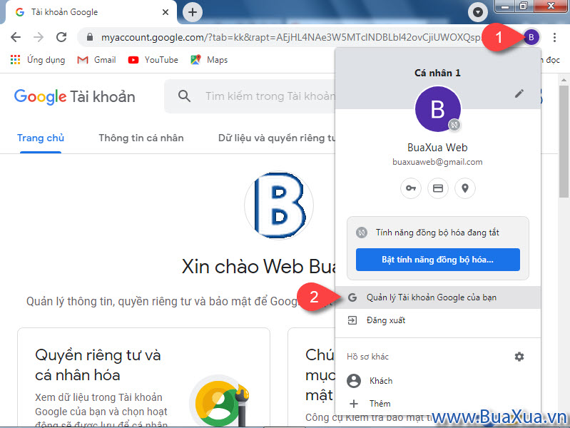 Quản lý tài khoản Google của bạn trên trình duyệt web Google Chrome