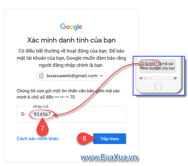 Nhập mã xác minh trong tin nhắn