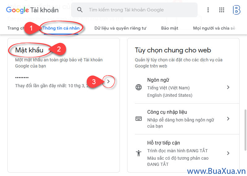 Thay đổi mật khẩu cho tài khoản Google