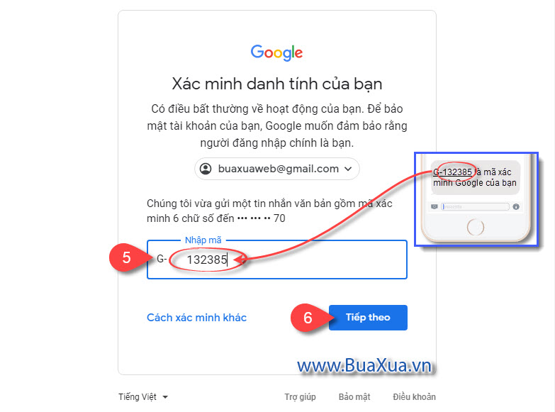 Nhập mã xác minh trong tin nhắn vào ô Nhập mã