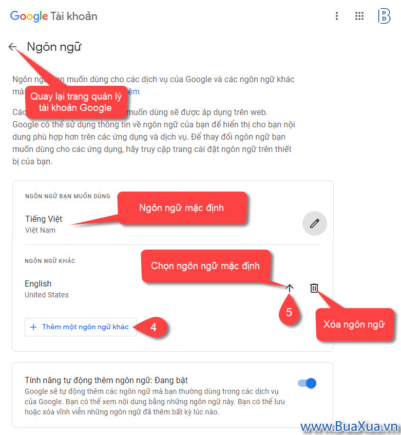 Thêm hoặc thay đổi ngôn ngữ cho cho tài khoản Google