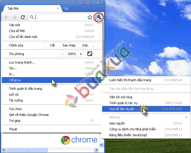 Trình đơn Công cụ cũa Google Chrome