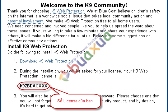 Lấy mã sử dụng chương trình K9 Web Protection