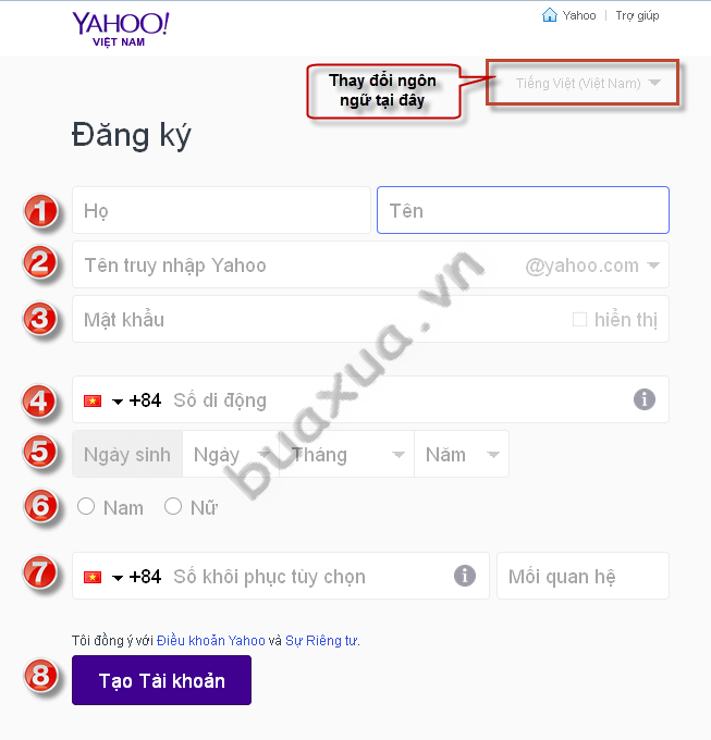 Nhập đầy đủ các thông tin cần thiết vào biểu mẫu đăng ký của Yahoo Mail