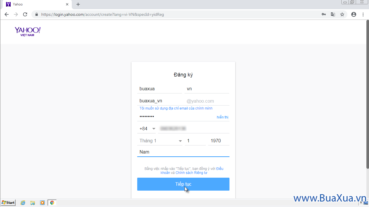 Nhập đầy đủ các thông tin cần thiết vào biểu mẫu đăng ký của Yahoo! Mail