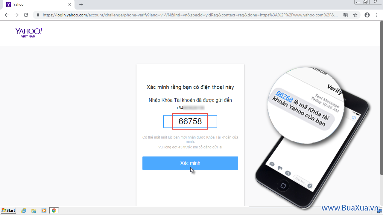 Nhập mã Khóa tài khoản Yahoo! Mail vào ô trống và nhấn vào nút Xác minh