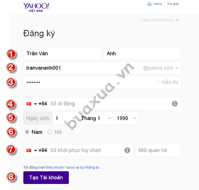 Biểu mẫu đăng ký tài khoản Yahoo Mail không cần số điện thoại di động