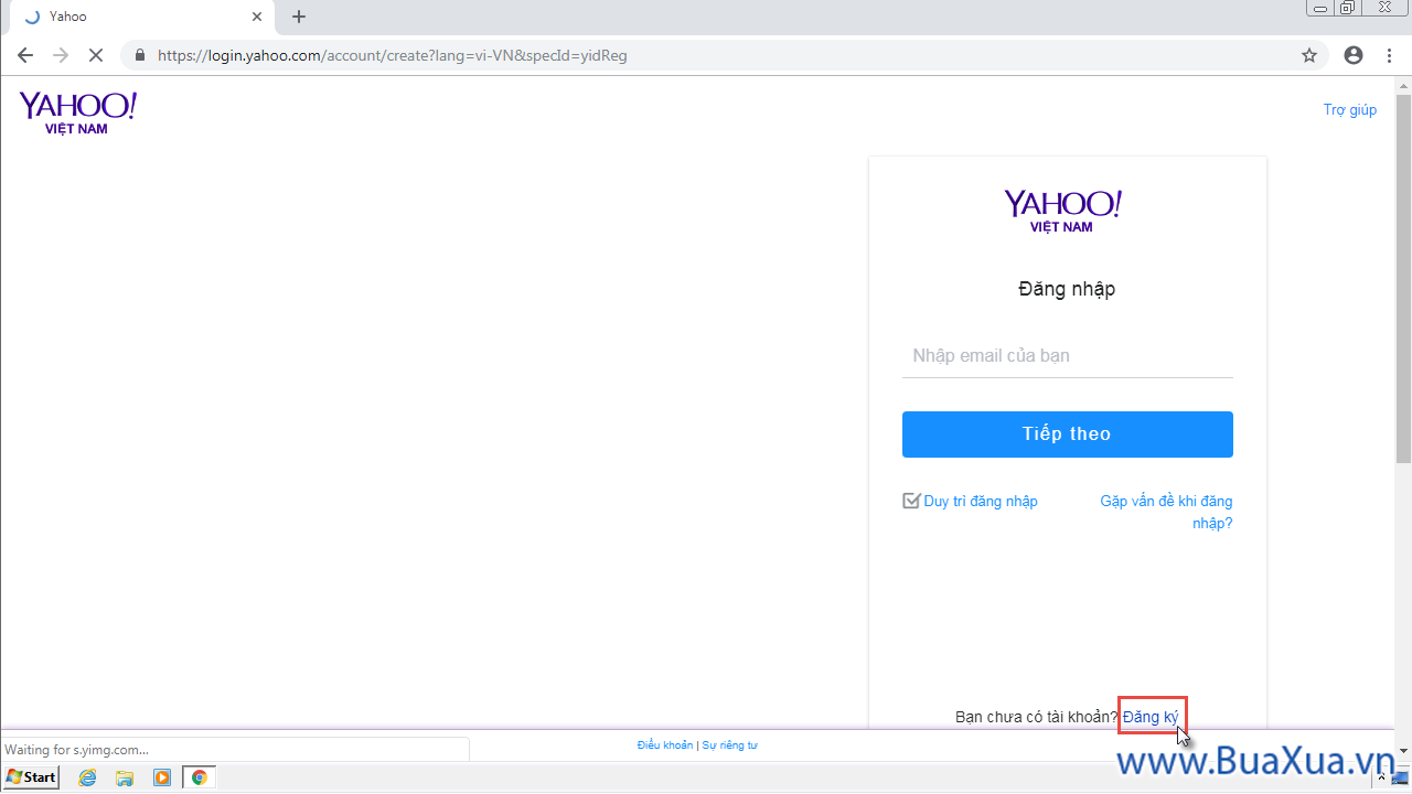 Nhấn vào chữ Đăng ký để đăng ký và sử dụng Yahoo! Mail miễn phí