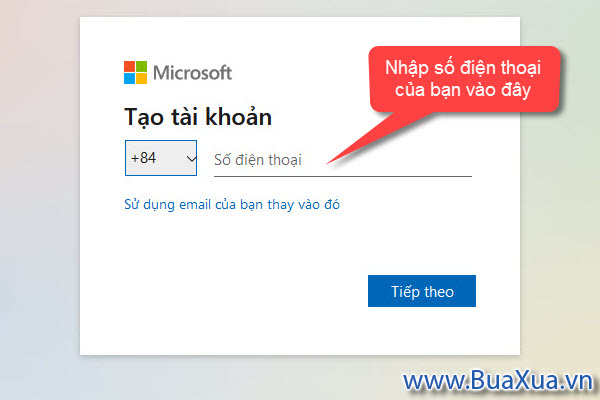 Tạo tài khoản Microsoft bằng số điện thoại
