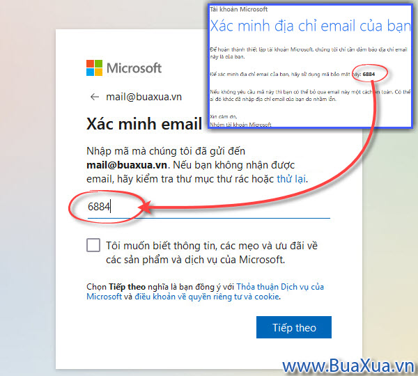 Nhập các ký tự xác minh trong Email vào ô trống