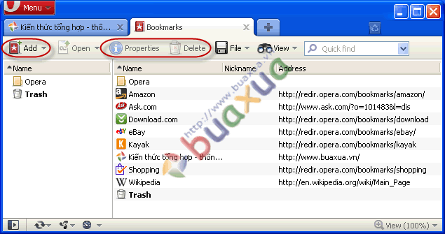 Quản lý Bookmarks trong Opera