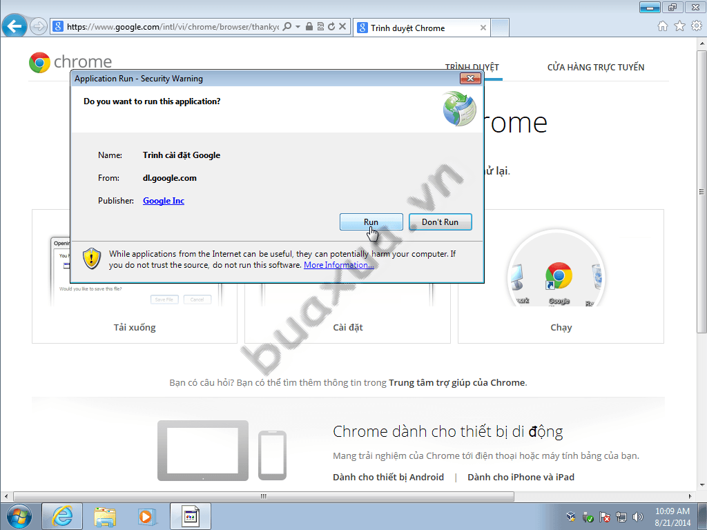 Hộp thoại cảnh báo việc cài đặt Google Chrome