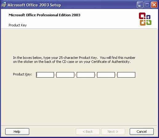 nhập các mã số được kèm theo dĩa CD Office 2003