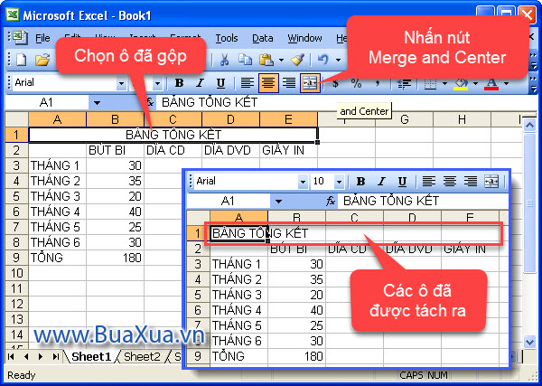 Cách tách ô đã gộp trong bảng tính Excel 2003