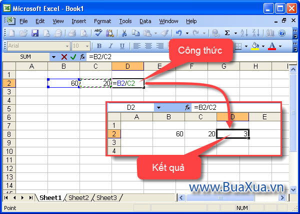 Cách tạo một công thức đơn giản chia giá trị của hai ô trong Excel 2003