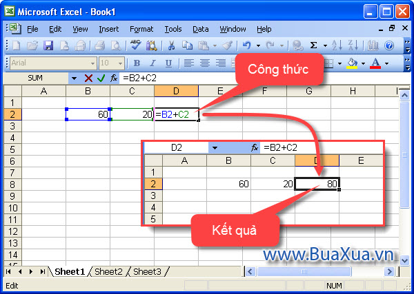 Cách tạo một công thức đơn giản cộng giá trị của hai ô trong Excel 2003