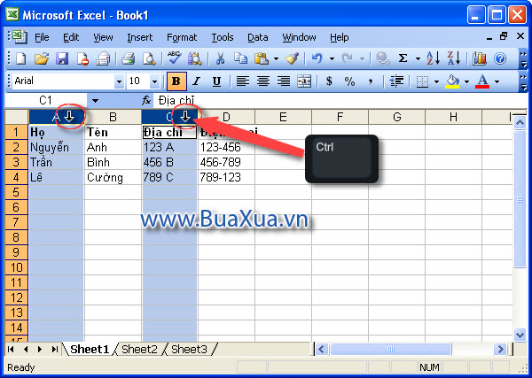 Chọn các ô, cột hoặc hàng không liền nhau Excel 2003