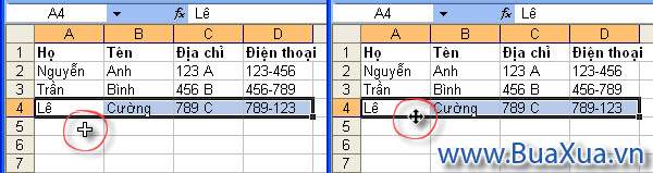 Con trỏ chuột thay đổi khi chỉ vào đường viền của ô trong excel 2003