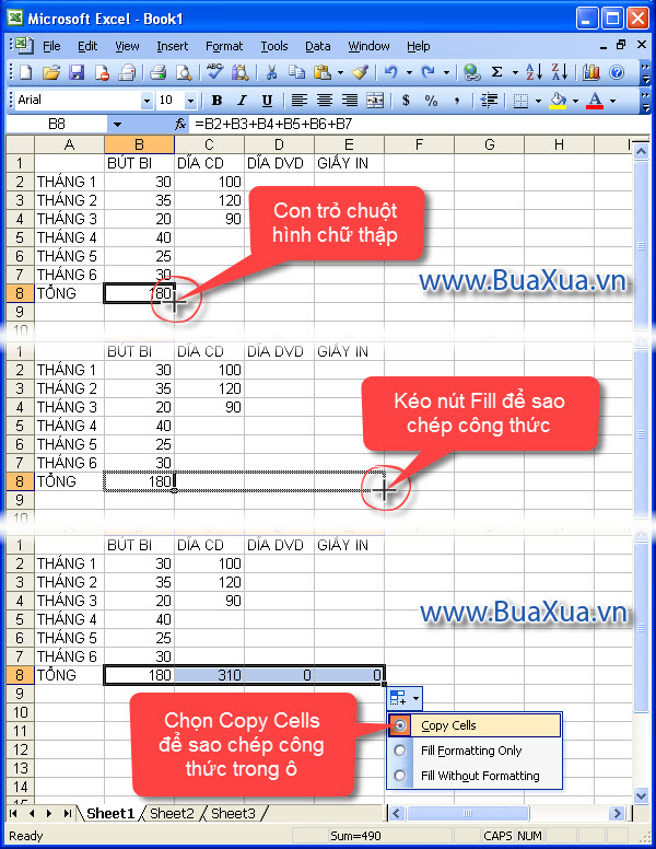 Cách điền công thức vào các ô liền kề nhau trong bảng tính