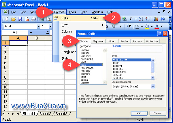 Định dạng giờ cho ô của bảng tính Excel 2003