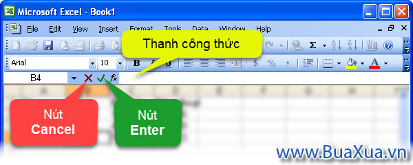 Các nút Cancel và Enter trong thanh công thức