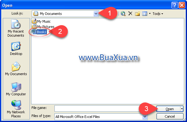 Hộp thoại Open Excel 2003