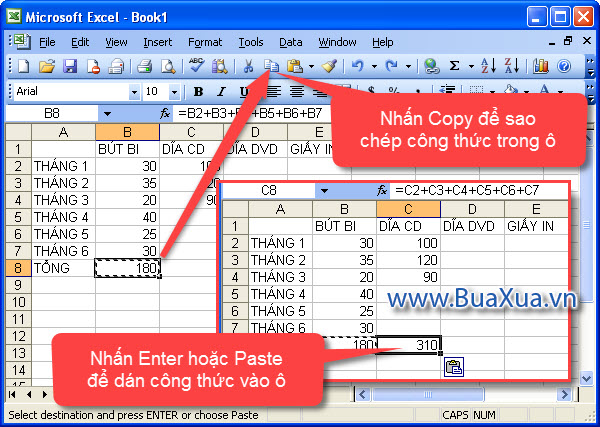 Sao chép và dán công thức trong Excel 2003
