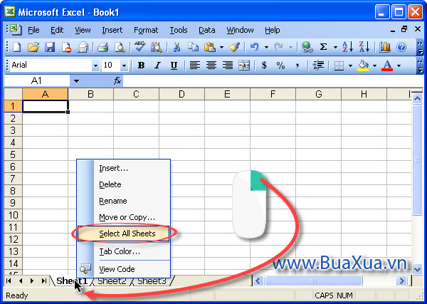 Chọn nhanh tất cả các trang bảng tính  trong Excel 2003