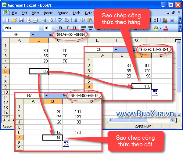 Tham chiếu sẽ khác nhau tùy theo sao chép công thức theo cột hay hàng trong excel 2003