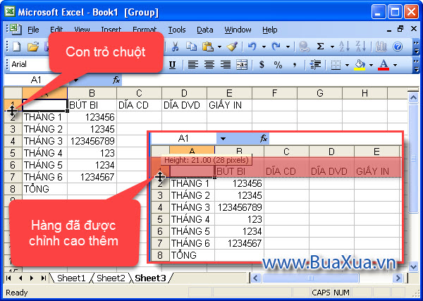 Cách thay đổi chiều cao của hàng trong Excel 2003