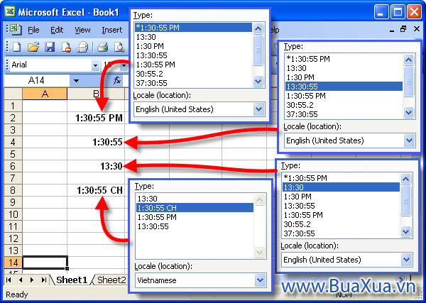 Các kiểu định dạng giờ cho ô của bảng tính Excel 2003