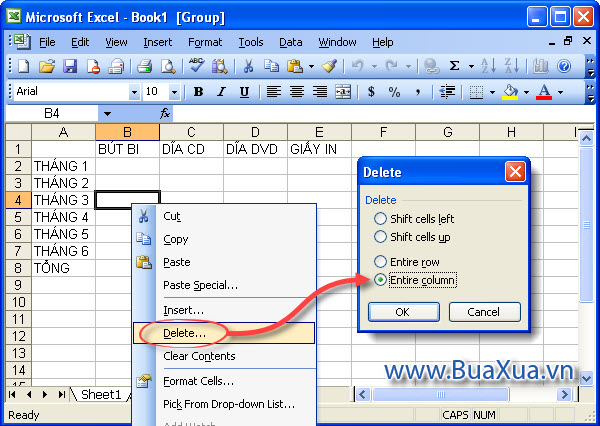 Cách xóa bớt cột trong Excel 2003