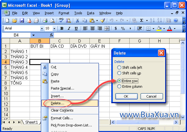 Cách xóa bớt hàng trong Excel 2003