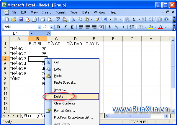 Nhấn nút phải chuột và chọn Delete trong trình đơn