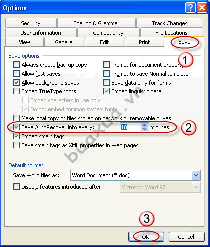 Chọn thời gian tự động lưu trong mục Save AutoRecover info every trong MS Word 2003