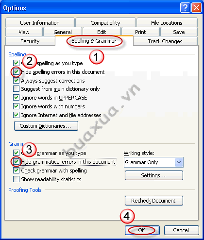 Tắt các hiển thị báo lỗi chính tả và ngữ pháp - Spelling & Grammar