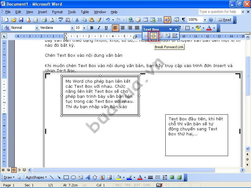 Nhấn vào nút Break Forward Link để ngắt liên kết Text Box