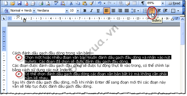 Đánh dấu đầu dòng cho các đoạn văn bản không liên tục
