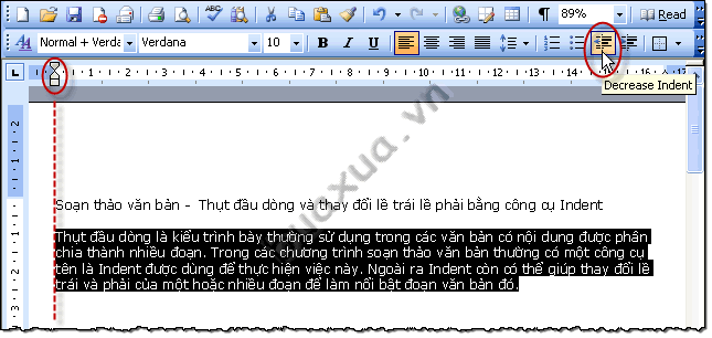 Thụt lề trái của đoạn văn bản về phía bên trái - Decrease Indent