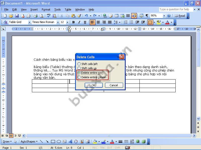 Hộp thoại Delete Cells