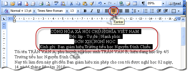 nhấn vào nút Center để canh giữa