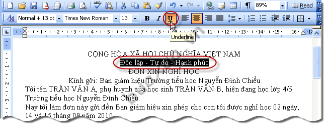 nhấn vào nút Underline để gạch dưới