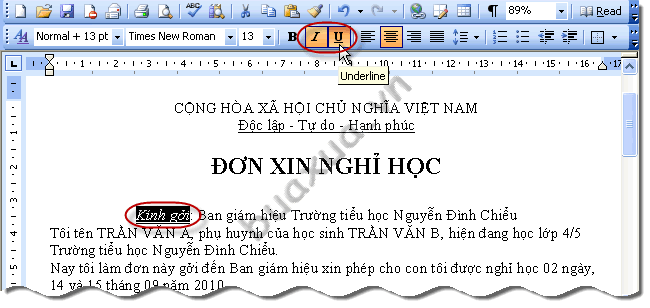 nhấn nút Italic để in nghiêng