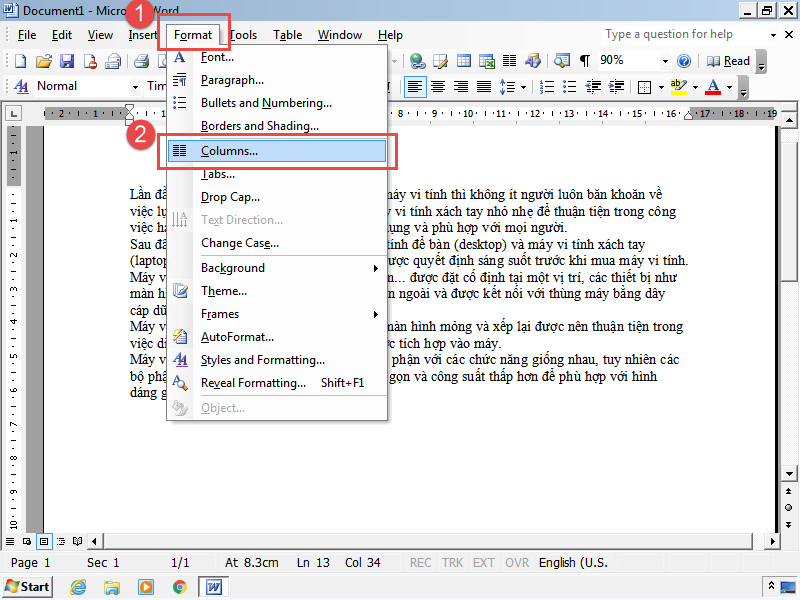 truy cập vào trình đơn (Menu) Format và chọn Columns
