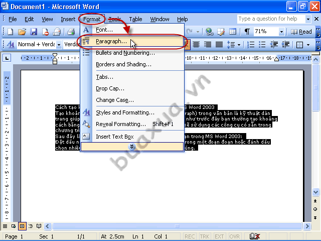 vào trình đơn Format và chọn Paragraph
