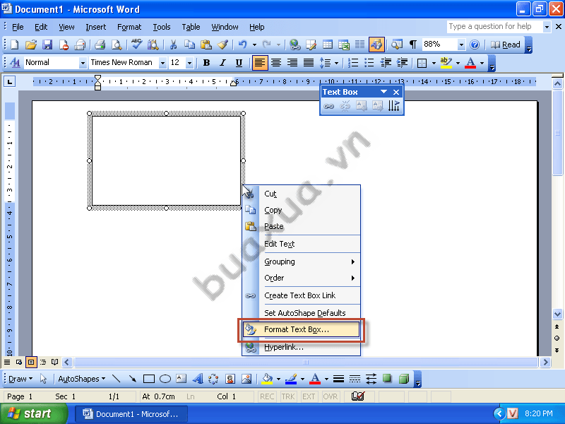 Chọn Fortmat Text Box