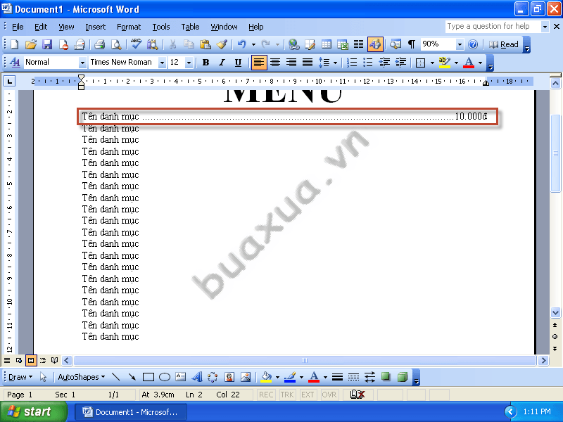 Đặt giá tiền cho các danh mục của Menu