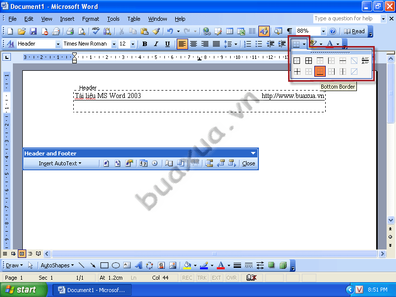 Chèn một đường gạch bên dưới phần Header