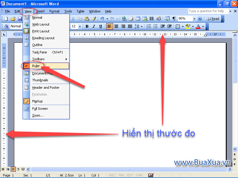 Cách hiển thị thước đo trong Word 2003